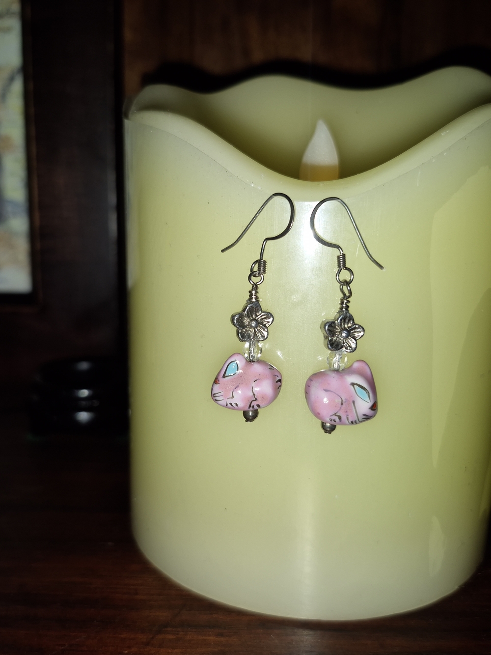 Pink Cat Drop Earrings with Silver Floral Accents
